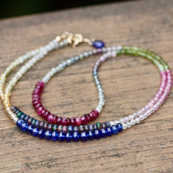 14K Gold Rubellite, Sapphire, Black Opal Wrap Bracelet Convertible Necklace - Picture 6 of 7
